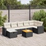Schwarze 8-tlg. Garten-Sofagarnitur aus Rattan mit cremeweißen Kissen und Tisch.