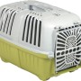 Pratiko Transportbox für Haustiere aus Kunststoff, grün/grau, mit Tragegriff und Luftschlitzen.
