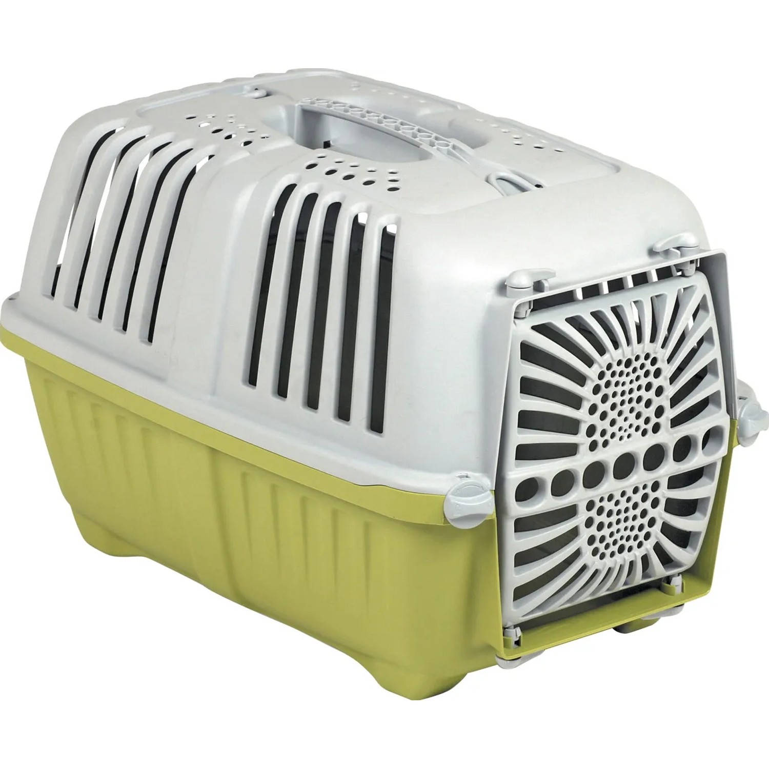 Pratiko Transportbox für Haustiere aus Kunststoff, grün/grau, mit Tragegriff und Luftschlitzen.
