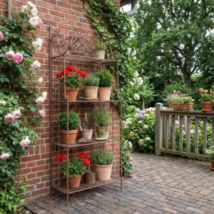 Antik braunes Metall Pflanzenregal Flora mit 4 Etagen, gefüllt mit Blumen und Kräutern, vor einer Ziegelwand im Garten.
