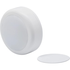 Weißes LED-Nachtlicht, batteriebetrieben, mit runder Form und separatem Batteriefachdeckel.