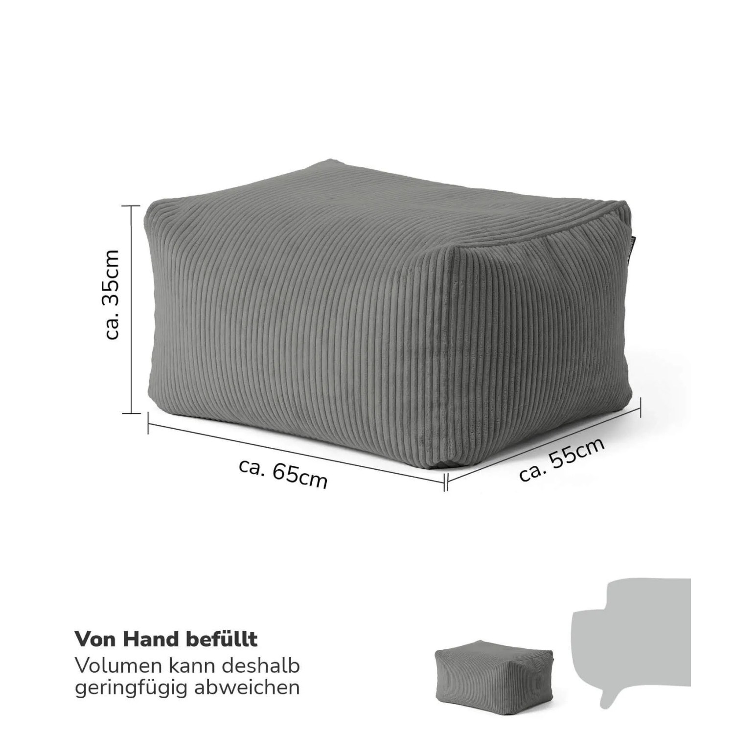 Anthrazitfarbener Cord Hocker 'Ruhestifter' von mokebo mit Maßangaben.