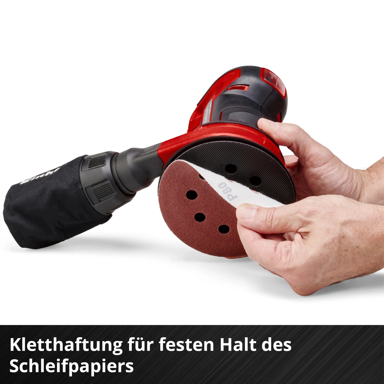 Einhell Akku-Exzenterschleifer TE-RS 18 Li Solo mit Schleifpapier P80. Akku-Schleifmaschine für Holz, Kunststoff & Metall.