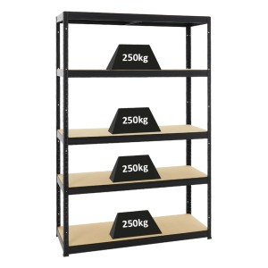 Schwarzes PROREGAL Schwerlastregal Big Elephant mit 5 Böden, je 250 kg belastbar.