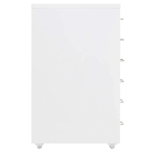 Weißer vidaXL Aktenschrank mit 6 Schubladen, Rollen und Metallgriffen.