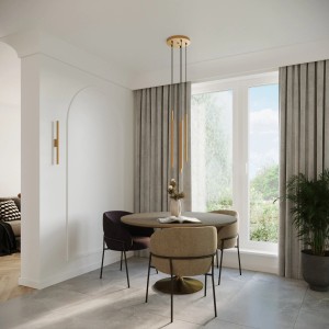 Moderne Sollux Pastelo 2 Pendelleuchte in Gold über Esstisch. Elegante Lampe für Wohnzimmer und Esszimmer.