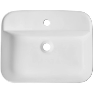 Weißes, rechteckiges baliv Aufsatzwaschbecken aus mattem Porzellan mit zentralem Ablauf. Modernes Bad-Design.