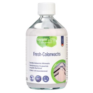 Flasche Biopin Fresh-Colorwachs Weiß 500ml für Holzoberflächen im Innenbereich.