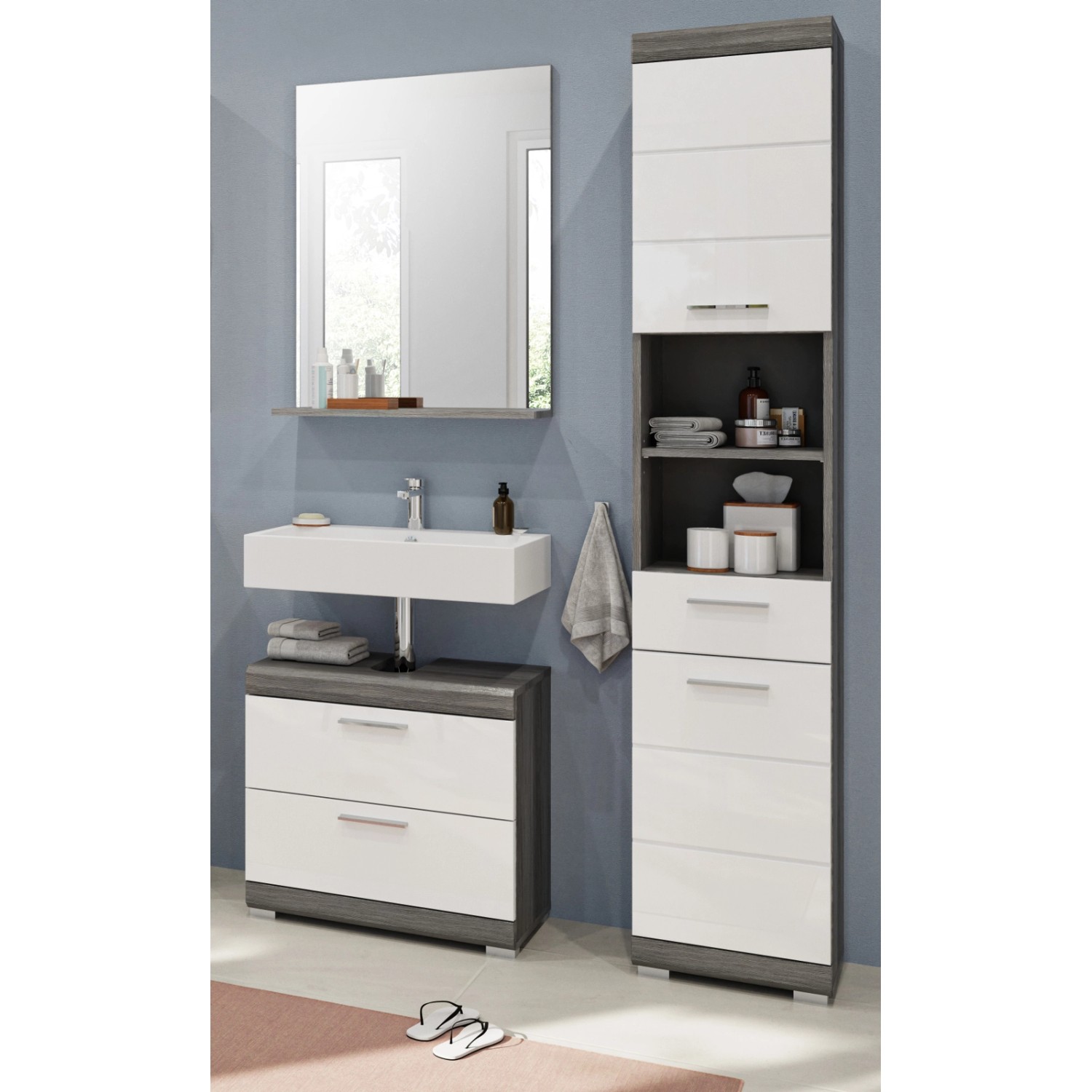 Inn.Furn Badmöbel-Set Weiß Hochglanz Grau 3-teilig 112 cm Shawn günstig online kaufen