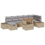 8-teiliges Garten-Esszimmer-Set aus Rattan und Akazie mit beigen Kissen.