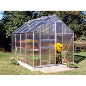 Halls Gewächshaus Popular 86 Alu, 5 m², mit Pflanzen im Garten.