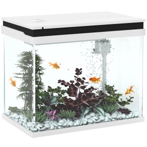 Weißes PawHut Aquarium mit Filter, Pflanzen und Goldfischen, 48x30x41 cm.