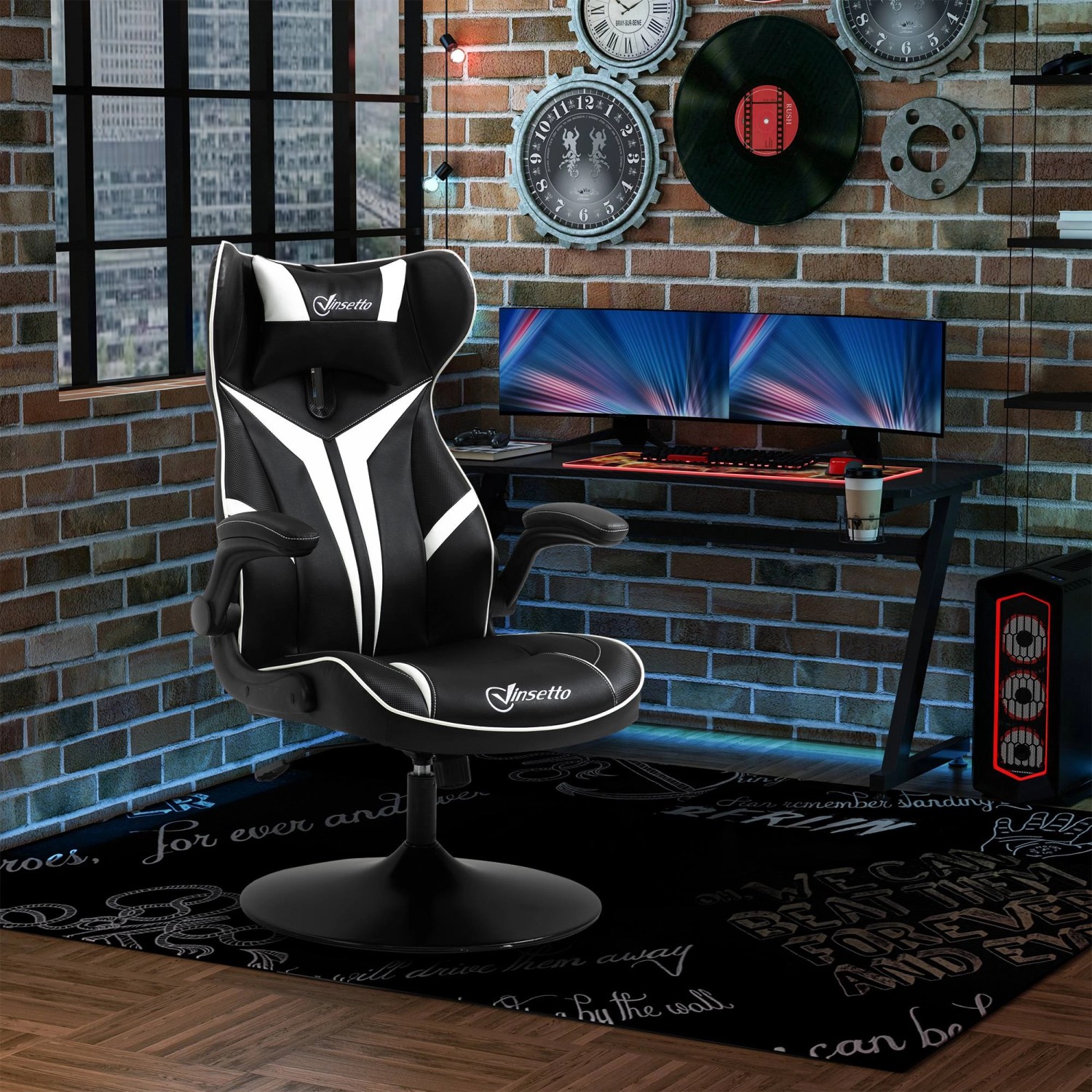 Vinsetto Gaming Stuhl in Schwarz/Weiß mit Wippfunktion, ergonomischer Esszimmerstuhl für Gamer.