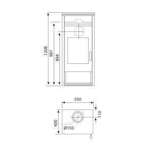 Technische Zeichnung Wamsler Fulgor-W Kaminofen Stahl Schwarz 8 kW mit Maßen.