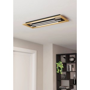 Moderne Eglo LED-Deckenleuchte Tirrenara, 78x30,5 cm, schwarz mit Holzrahmen. Dimmbar und CCT-fähig.