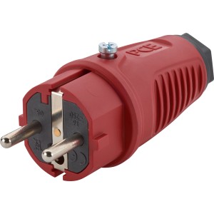 Roter PCE Schutzkontakt-Stecker aus Gummi, robust und spritzwassergeschützt.
