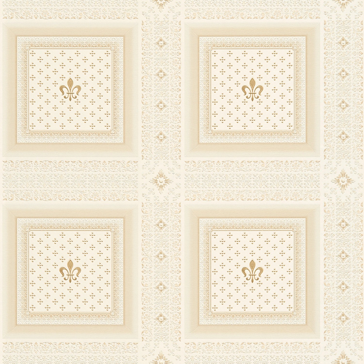 Bricoflor Elegante Kachel Tapete Weiß Gold Französische Lilie Vliestapete in Wandvertäfelung Optik Vlies Wandtapete mit 