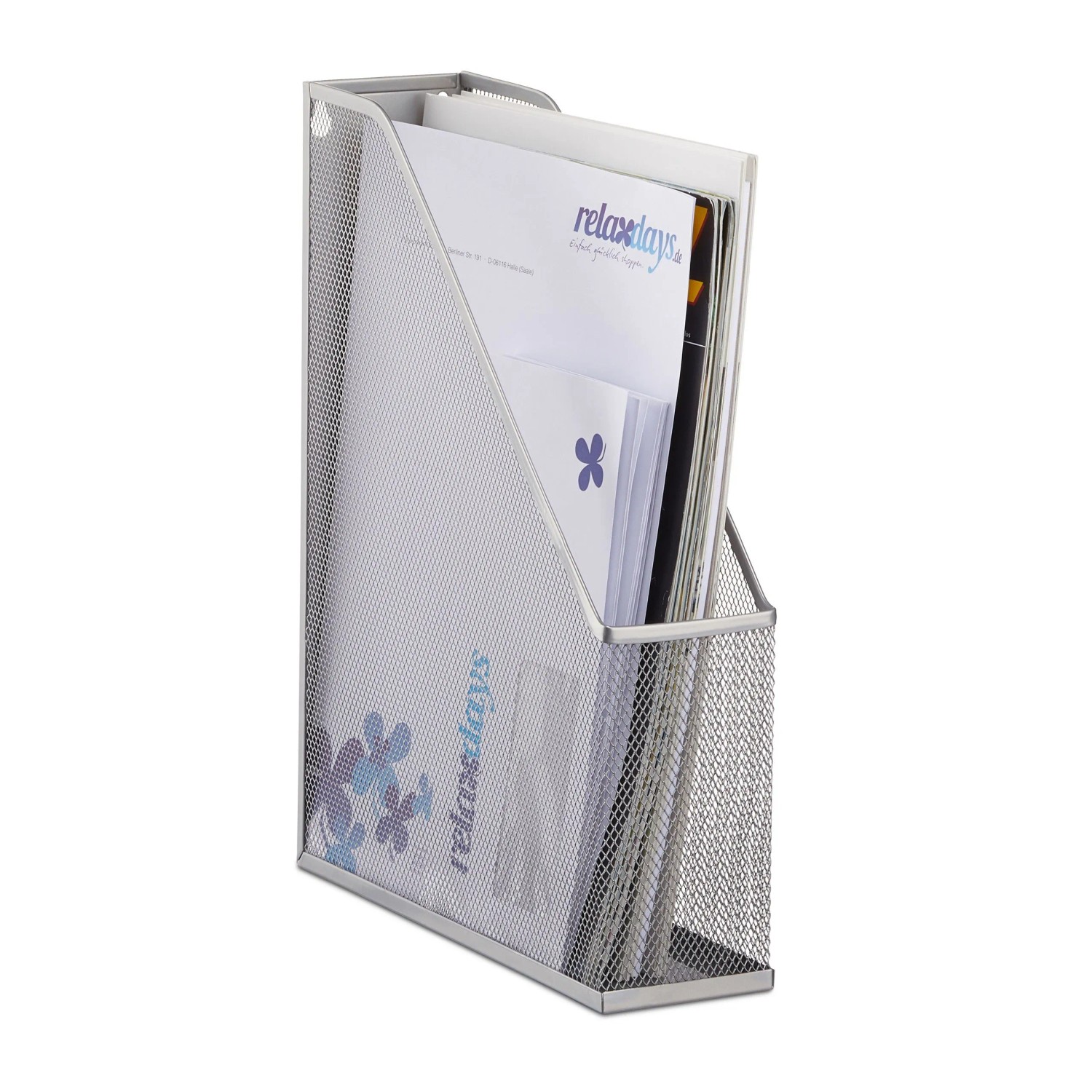 Relaxdays Stehsammler A4 Metallgeflecht Silber Zur Wandmontage 31,5 cm x 7,2 cm x 25 cm 420 g