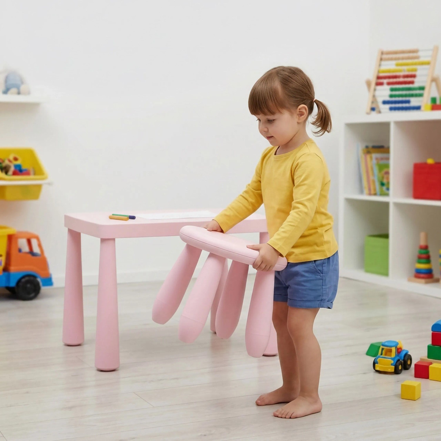 Kleinkind trägt pinken Kindersitzhocker aus Kunststoff. Kippsicherer Hocker mit runden Kanten im Kinderzimmer.