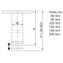 Technisches Diagramm des SOTECH Möbelfuß LUKAS Ø42mm, höhenverstellbar bis 25mm, mit Maßen und Höhenoptionen.