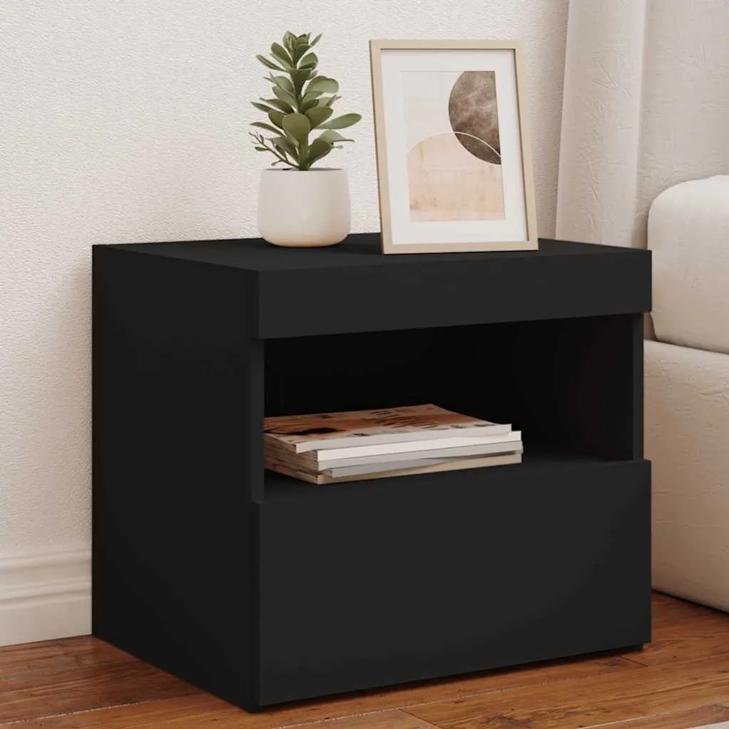 Schwarzer vidaXL Nachttisch mit LED-Leuchten, 50x40x45 cm, mit offenem Fach und Deko.