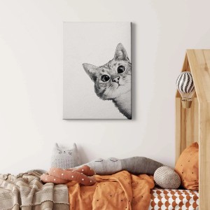 Modernes Leinwandbild: Gezeichnete Katze in Schwarz-Weiß für Kinder- oder Schlafzimmer.
