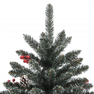 Detailansicht: Grüner, künstlicher Weihnachtsbaum (180 cm) mit Schnee, Zapfen und roten Beeren.