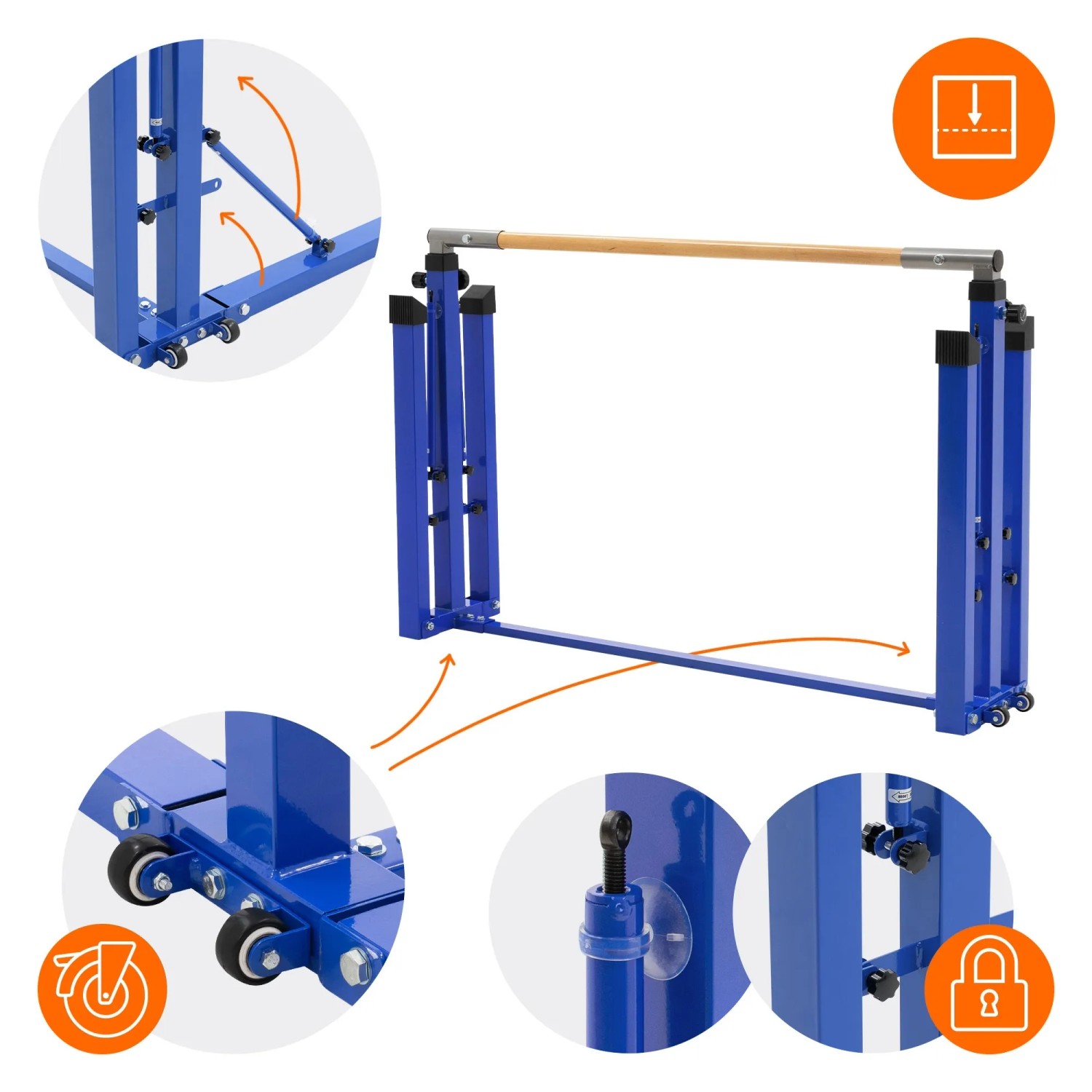 Blaues, faltbares Hauki Turnreck mit Holzstange und Höhenverstellung, Details.