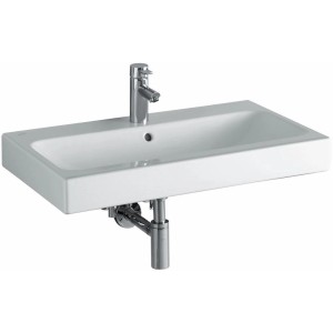 Weißes Geberit iCon Waschbecken, 75 cm breit, mit Hahnloch und Überlauf.