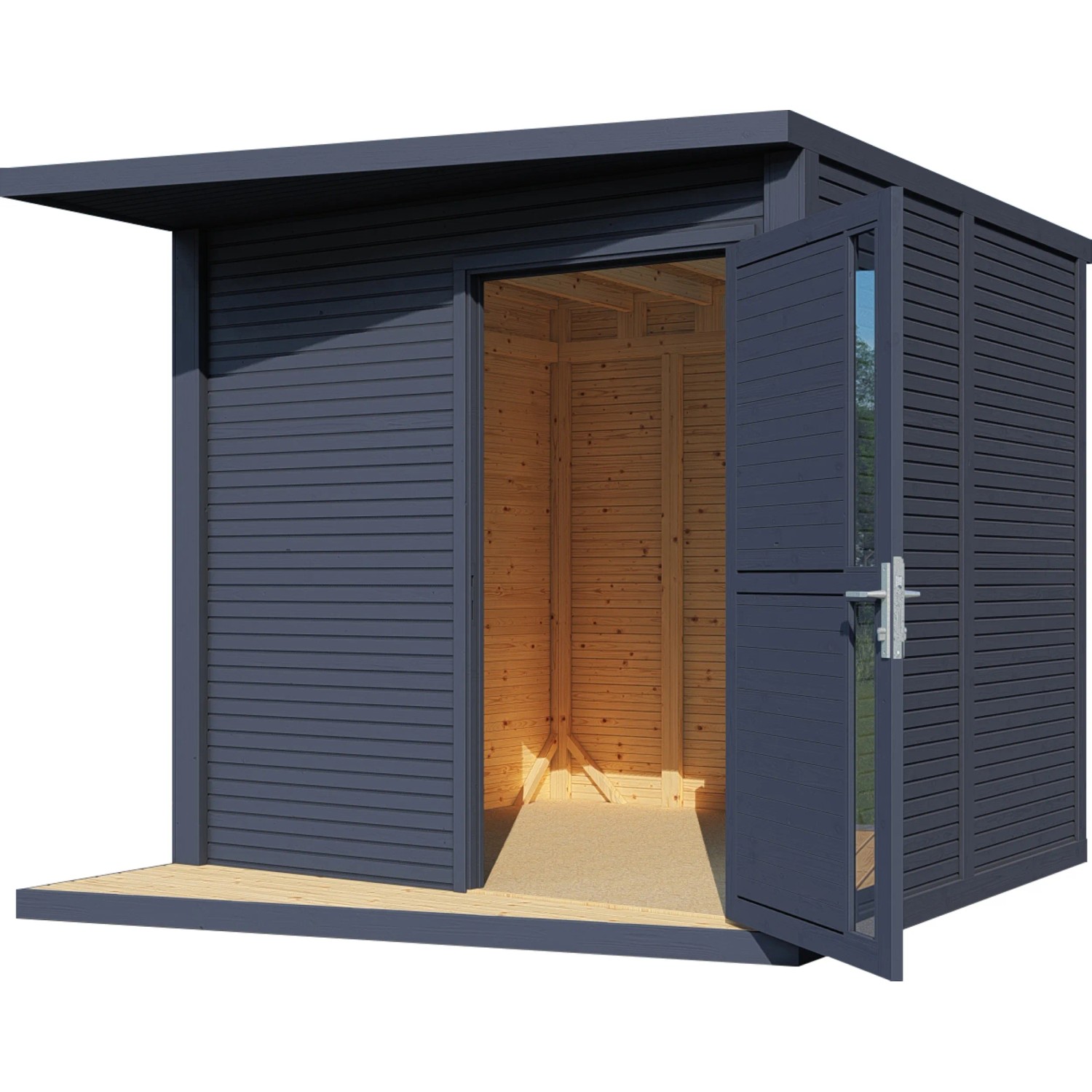 Anthrazitfarbenes Bertilo Gartenhaus Concept aus Holz mit geöffneter Doppeltür und Flachdach.