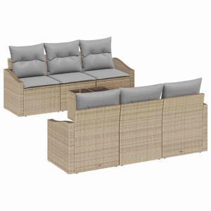 Beiges vidaXL Lounge-Set aus Polyrattan mit grauen Kissen, 7-teilig. Gartenmöbel für Terrasse und Garten.