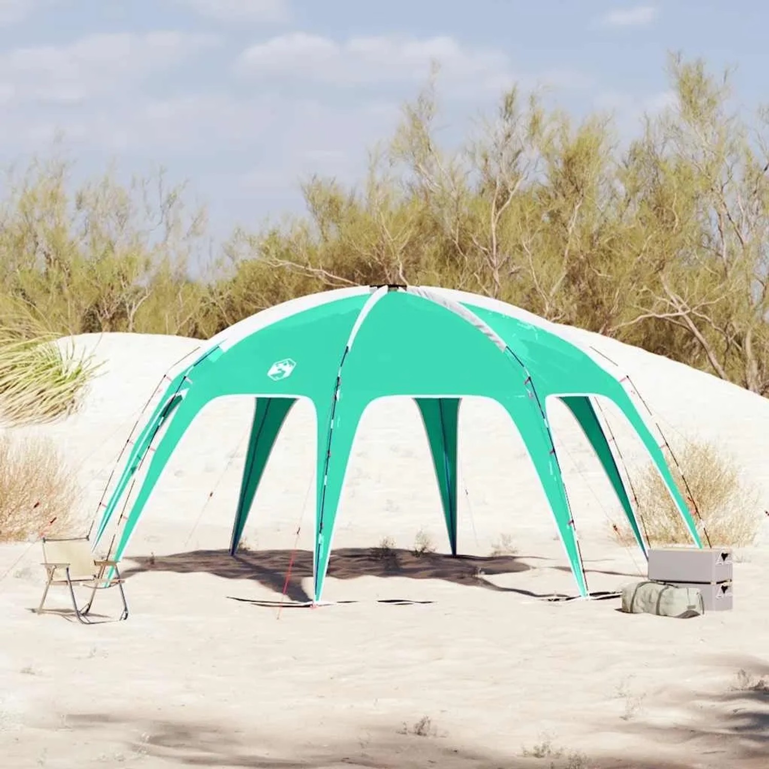 Seegrünes vidaXL Partyzelt mit weißem Dach auf Sandboden. Wasserdichter Pavillon für Garten, Camping, Strand.