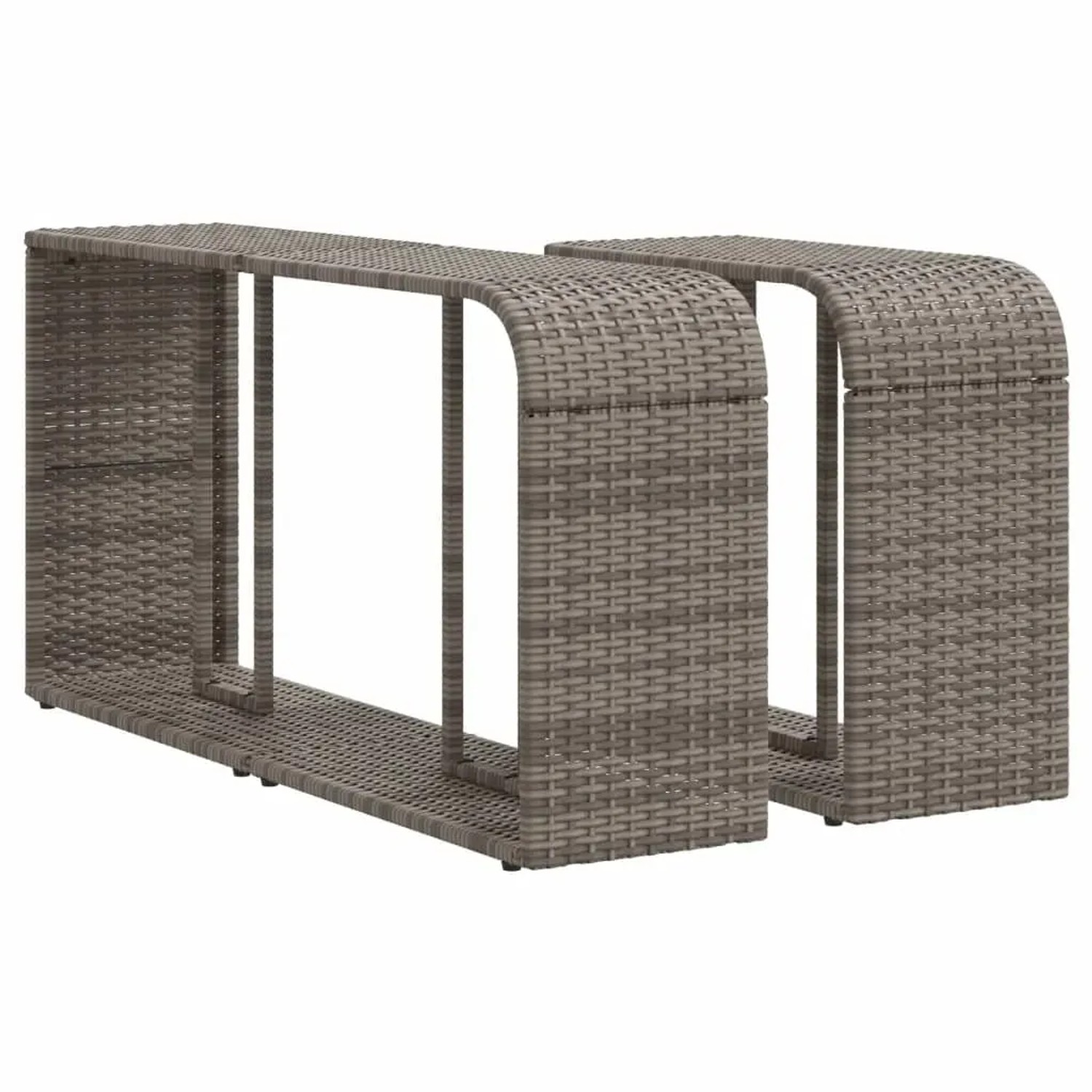 Zwei graue vidaXL Regale aus Polyrattan, Teil einer Garten-Sofagarnitur.