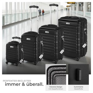 Tectake Hartschalenkoffer Set Mila, 4-teilig, schwarz. Trolley-Set mit Teleskopgriff, Kofferwaage und Anhänger.