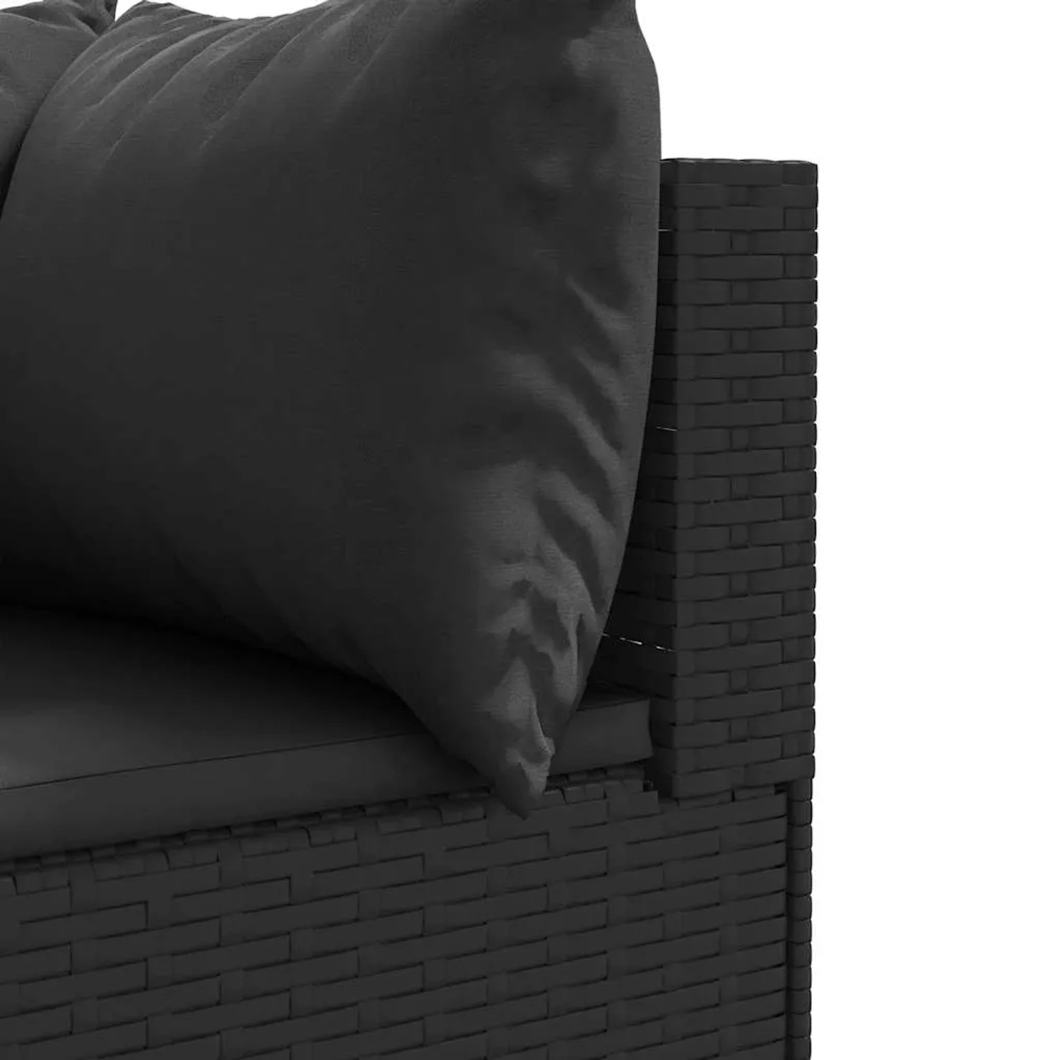 Detailaufnahme: Schwarzes Garten Lounge Set aus Poly Rattan mit Kissen. Gemütliche Gartenmöbel für Terrasse und Garten.