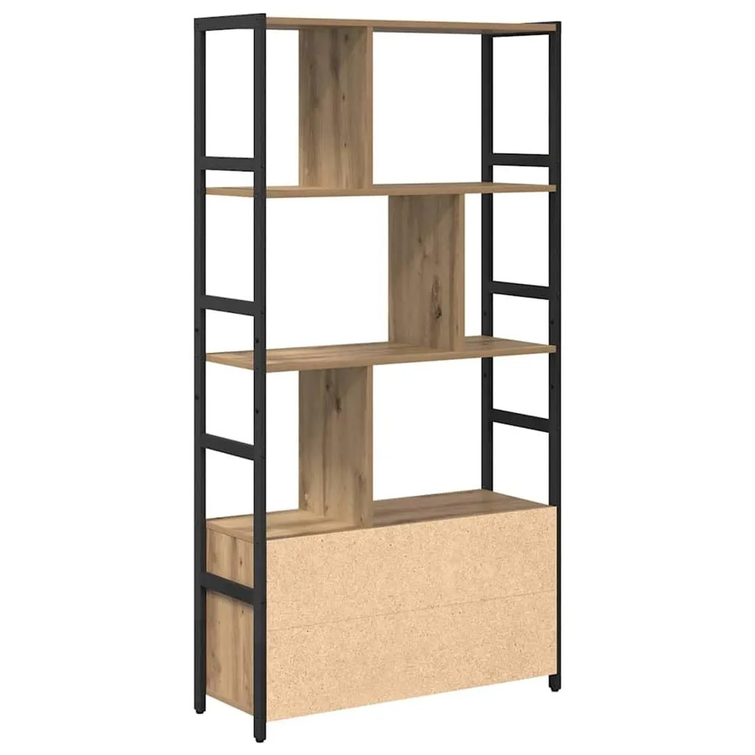 vidaXL Bücherregal Artisan-Eiche mit schwarzem Metallrahmen, offenen Fächern und 2 Schranktüren aus Holzwerkstoff.