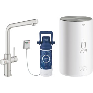 Grohe Red Duo: Armatur mit L-Auslauf, Boiler und Filter-Set in Supersteel Optik.
