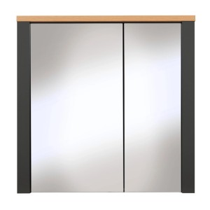 Anthrazitfarbener Veneto Spiegelschrank mit zwei Spiegeltüren und Holzdekor-Oberplatte, 70x70 cm, für Bad.