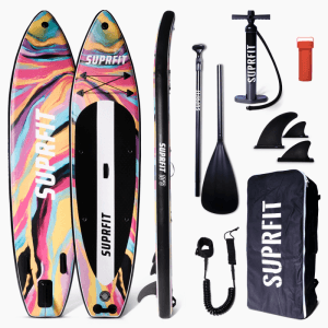 Suprfit SUP Board Aquarell 10'8 Set: aufblasbares Stand-Up-Paddling Board mit buntem Batik-Design, Paddel, Pumpe, Finnen, Rucksack.