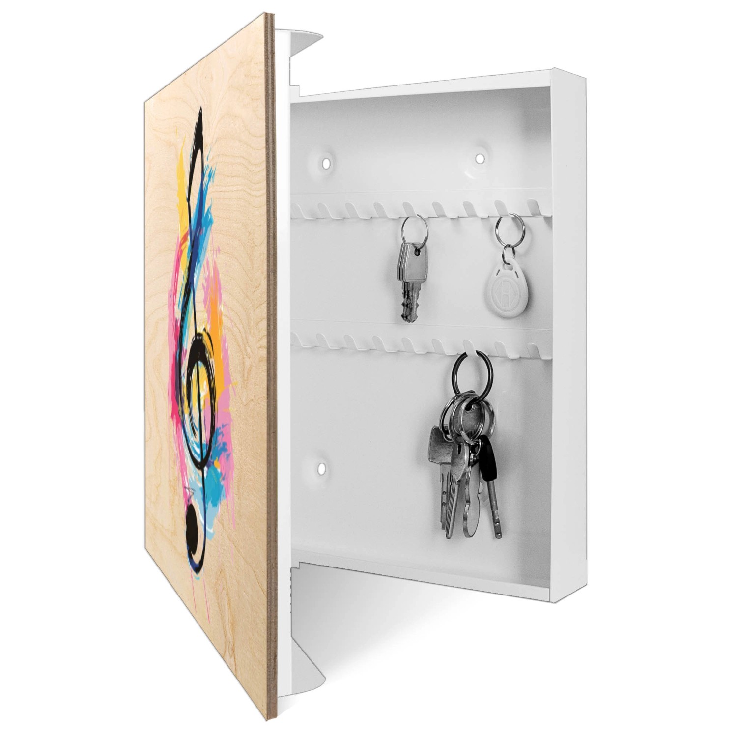 Banjado Schlüsselkasten mit bunter Notenpalette auf Holzfront, geöffnet mit Schlüsseln.