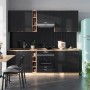 Moderne Vicco Küchenzeile in Schwarz/Eiche mit anthrazitfarbener Arbeitsplatte, 235 cm breit.