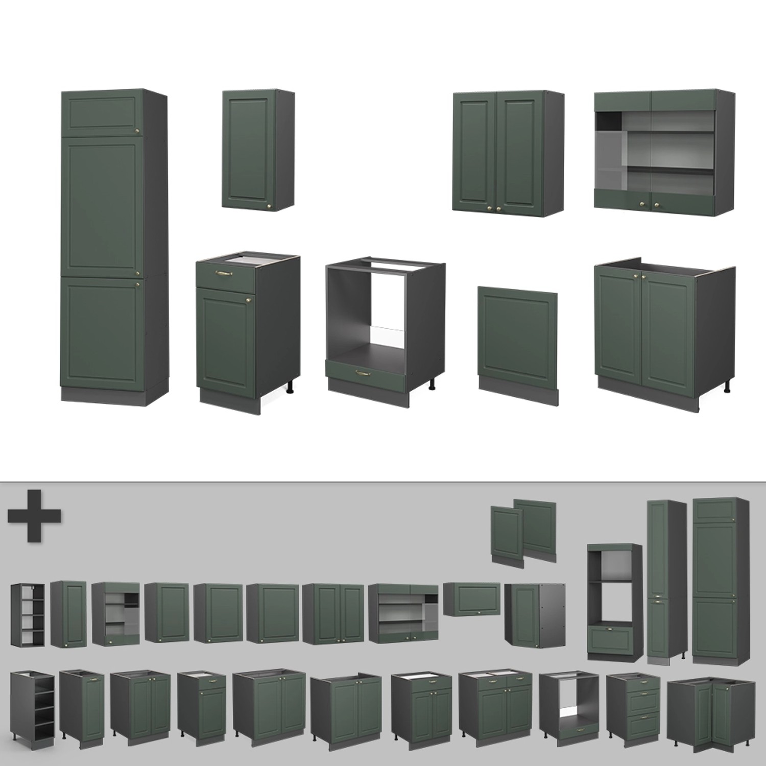 Vicco Fame-Line Küchenzeile 300 cm, Grün-Gold/Anthrazit, ohne Arbeitsplatte.