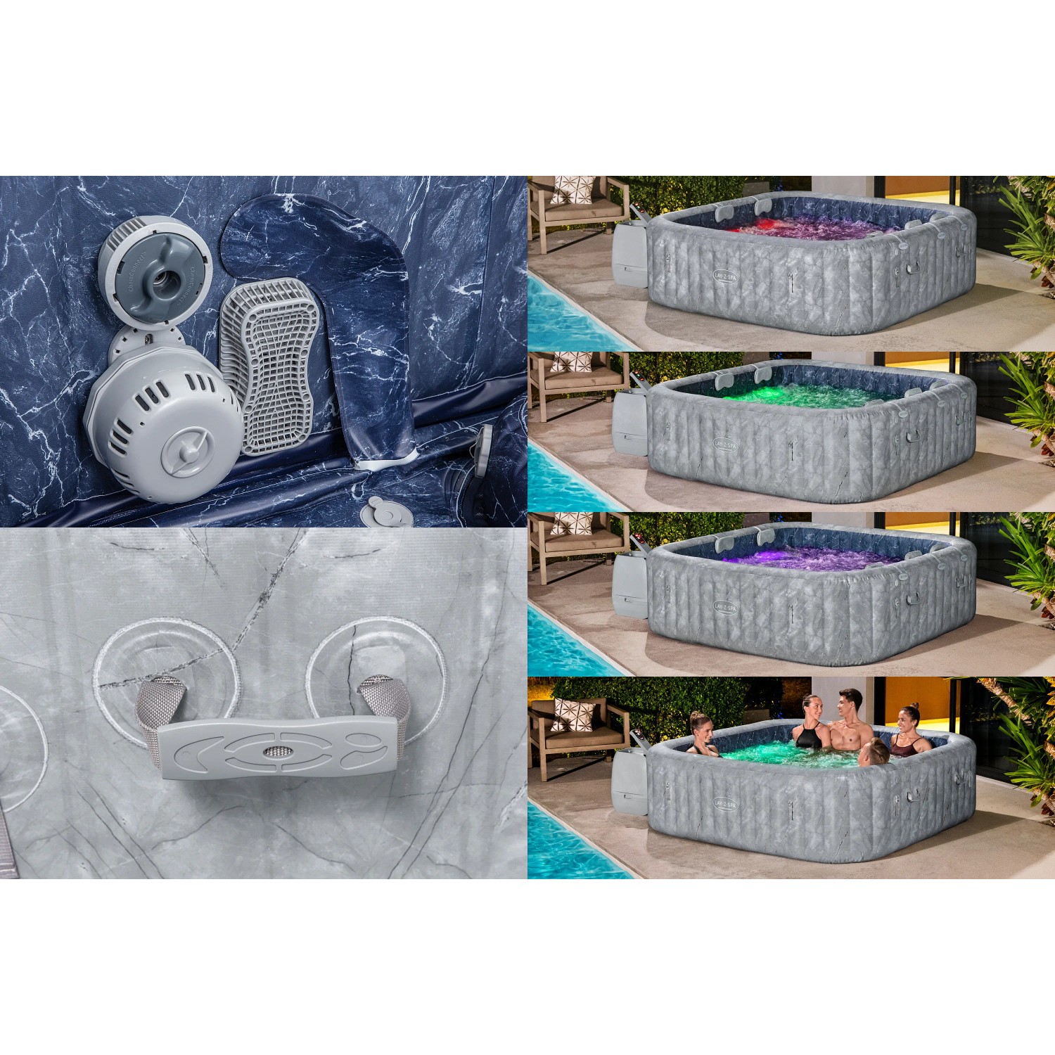 Bestway San Francisco HydroJet Pro Whirlpool für 7 Personen, Marmor-Optik, mit Zubehör und LED-Beleuchtung.