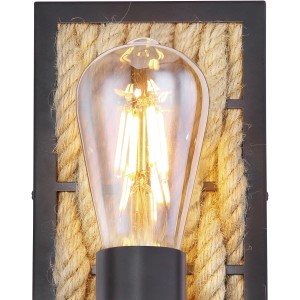 Globo Wandleuchte Halia, schwarz-matte Metallfassung mit Hanfseil-Dekor und eingesetztem Leuchtmittel.