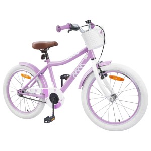 Lila Kinderfahrrad 18 Zoll für 5-7 Jahre mit weißem Korb, Schutzblechen, braunem Sattel und weißen Reifen.