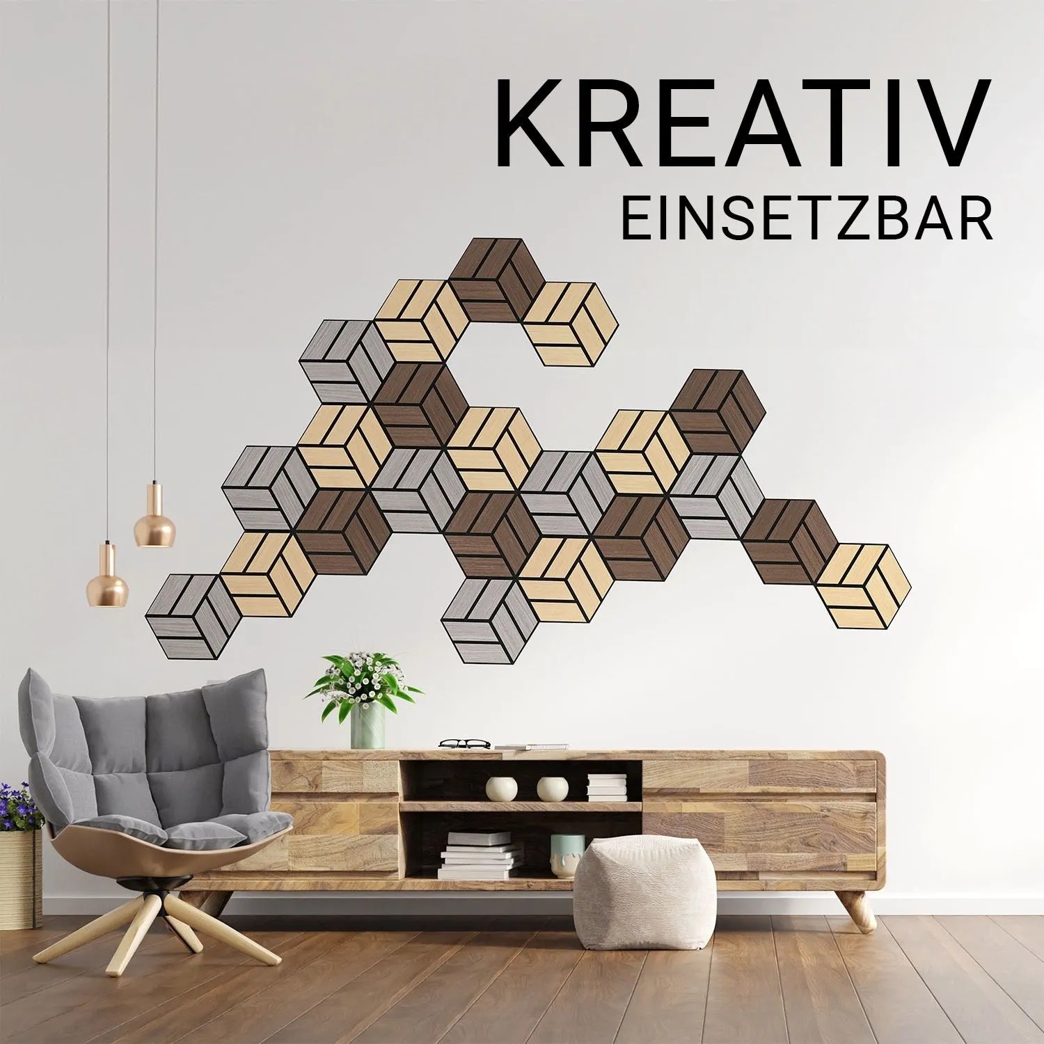Dekorative hexagonale Akustikpaneele in Eichenholz-Optik an einer Wohnzimmerwand. Schallabsorbierende Holz-Wandpaneele.