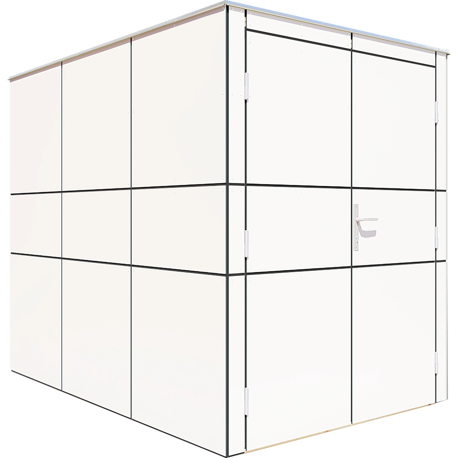 Modernes, weißes Bertilo Gartenhaus HPL Bike Port aus Holz mit Doppeltür und Griff.