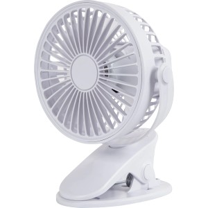 Weißer Mini-Tischventilator mit Clip, Ø 10,6 cm, schwenkbar.