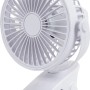 Weißer Mini-Tischventilator mit Clip, Ø 10,6 cm, schwenkbar.
