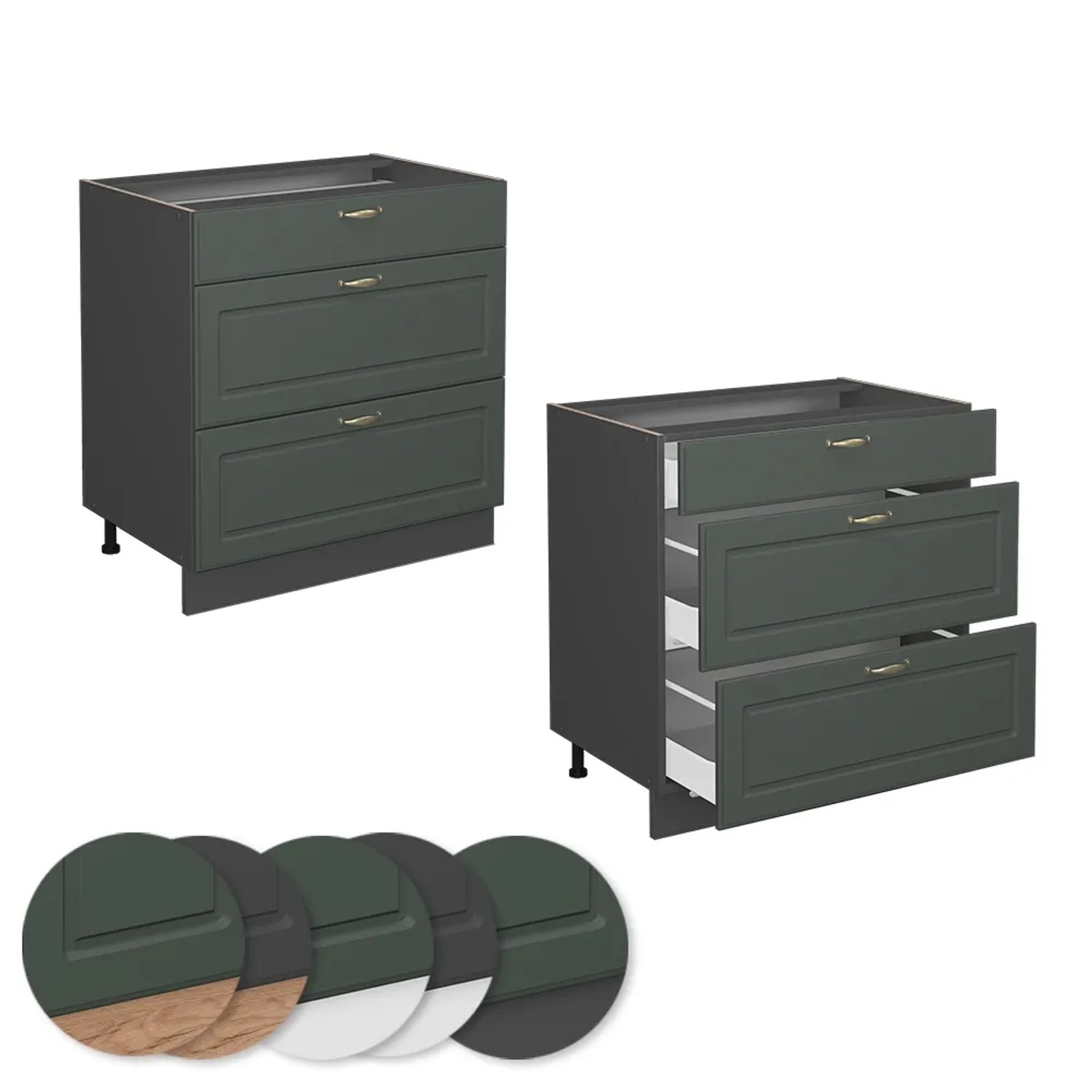 Vicco Küchenunterschrank Fame-Line, 80 cm, Grün-Gold/Anthrazit, mit 3 Schubladen.